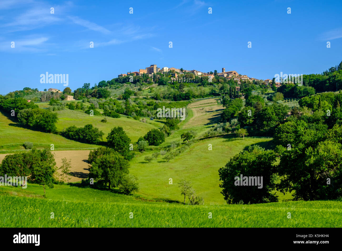 La città è situata su una collina verde con campi verdi, alberi e cespugli Foto Stock