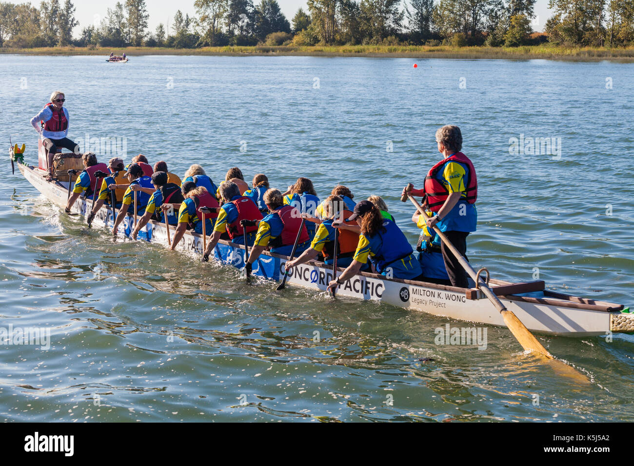 Dragon Boat con una squadra di donne paddling alla linea di partenza per la loro gara Foto Stock