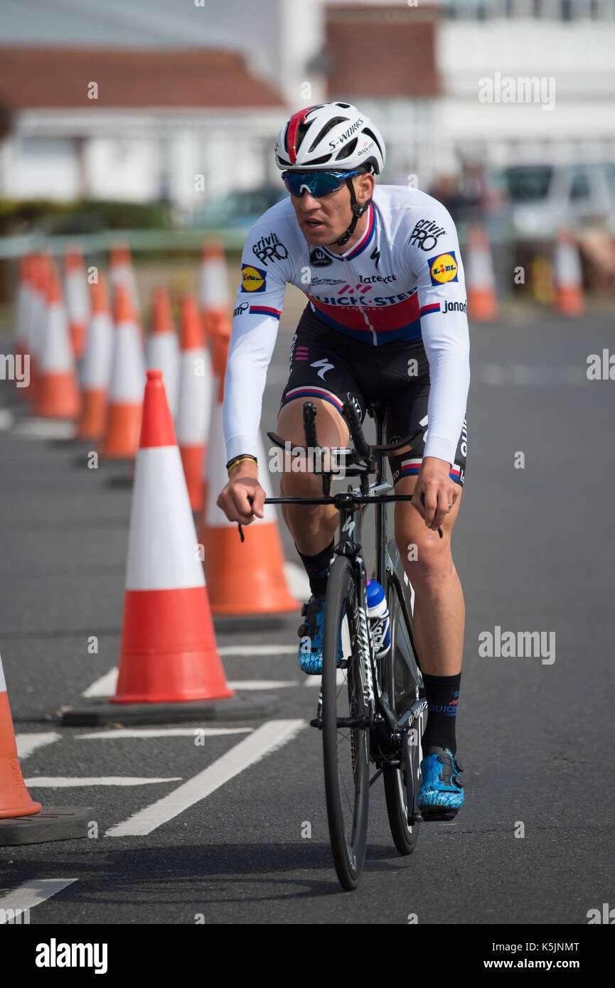 Tour della Gran Bretagna cycle race stage 5 timetrial a Clacton On Sea, Regno Unito Foto Stock