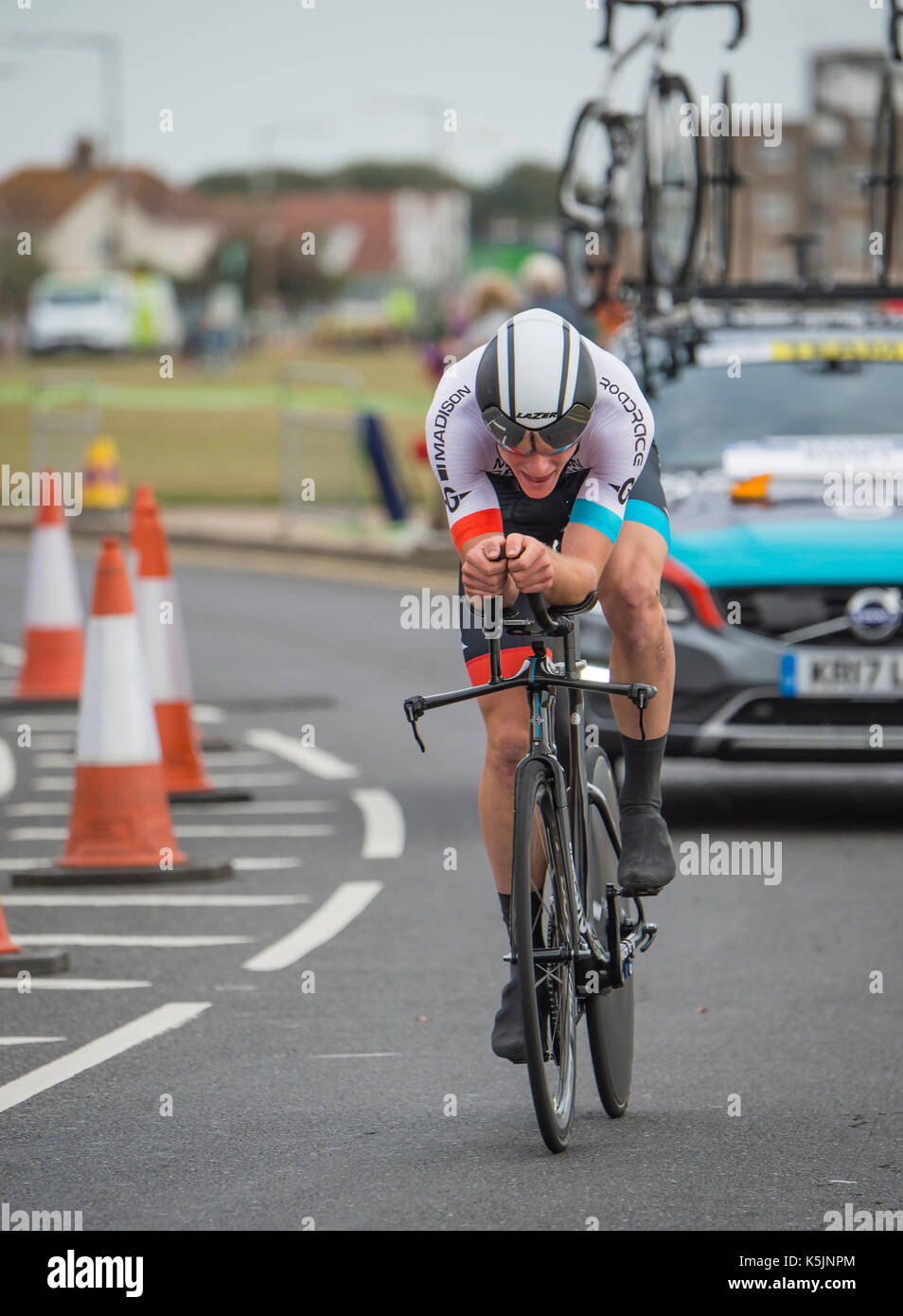 Connor Swift, Madison Genesi, tour della Gran Bretagna cycle race stage 5 timetrial a Clacton On Sea, Regno Unito Foto Stock