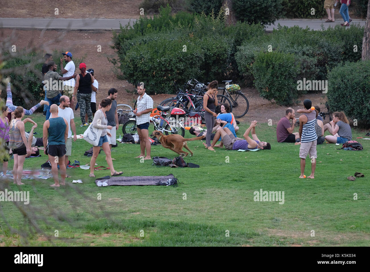 Gli israeliani godendo di sabato o di shabbat, il giorno ebraico del resto a gan saker o sacher park in Gerusalemme ovest Israele Foto Stock