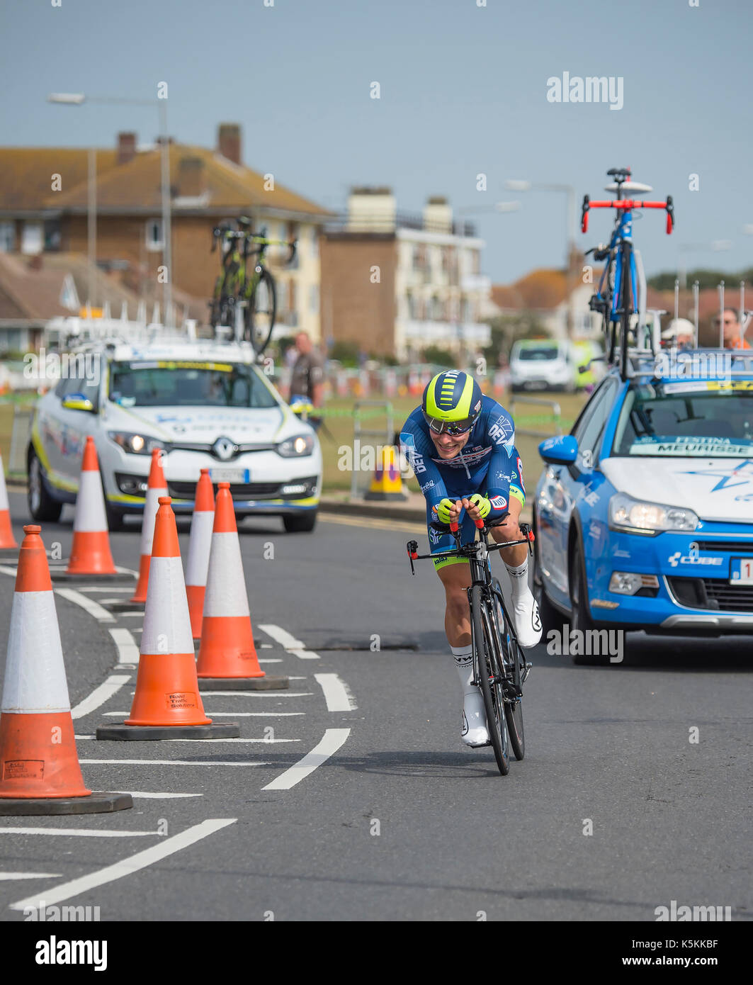 Tour della Gran Bretagna cycle race stage 5 timetrial a Clacton On Sea, Regno Unito Foto Stock