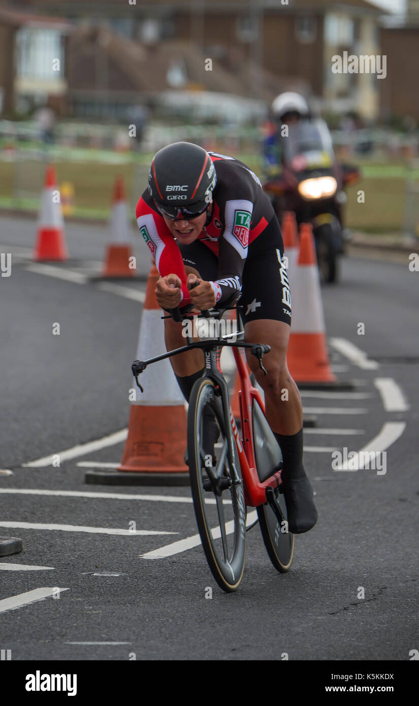 Silvan Dillier, Team BMC, tour della Gran Bretagna cycle race stage 5 timetrial a Clacton On Sea, Regno Unito. Foto Stock