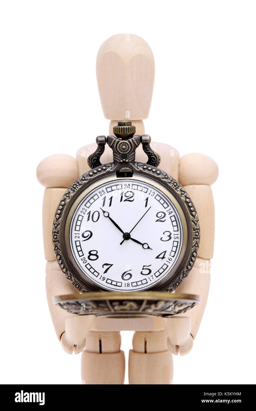 Modello in legno azienda fittizia pocket watch isolati su sfondo bianco Foto Stock
