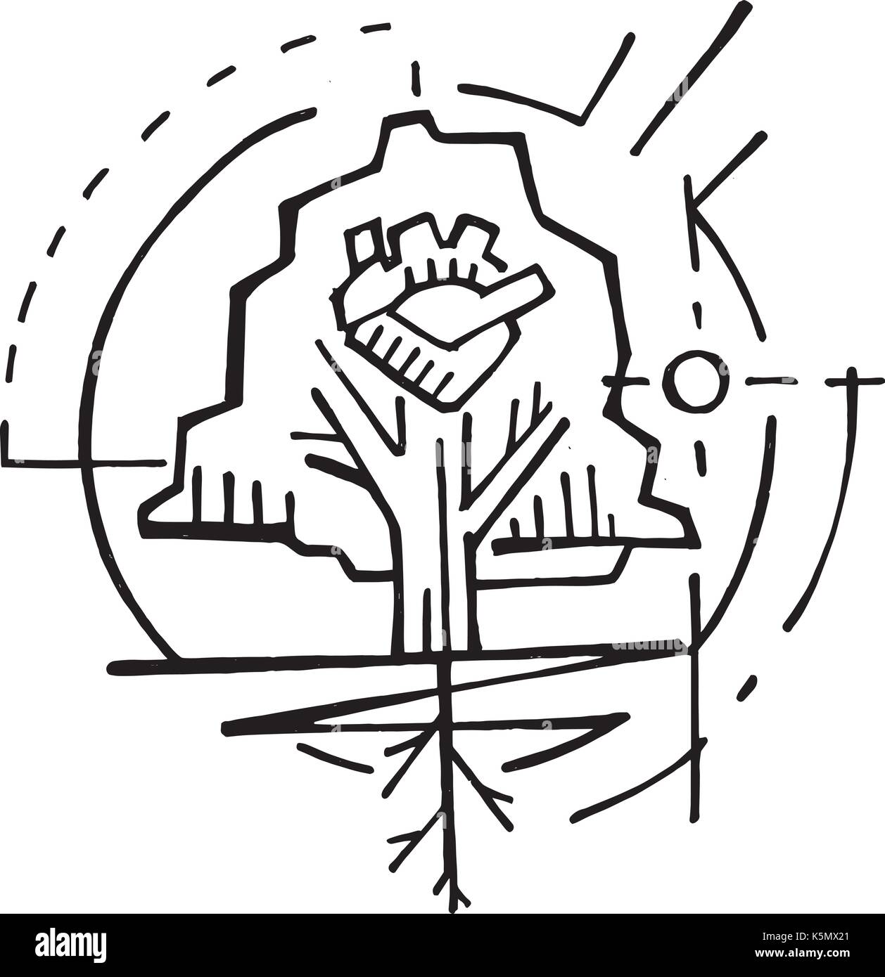 Disegnata a mano illustrazione vettoriale o di disegno a inchiostro di un cuore umano e simbolo di albero Illustrazione Vettoriale