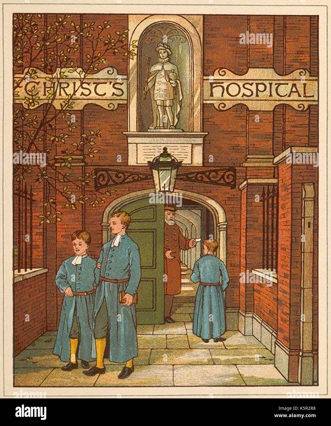 Un disegno a colori da un Victorian libro per bambini che mostra l'ingresso al Blue Coat scuola (Cristo) Ospedale, Newgate Street, Londra, un portiere e ragazzi vestito in uniforme. Foto Stock