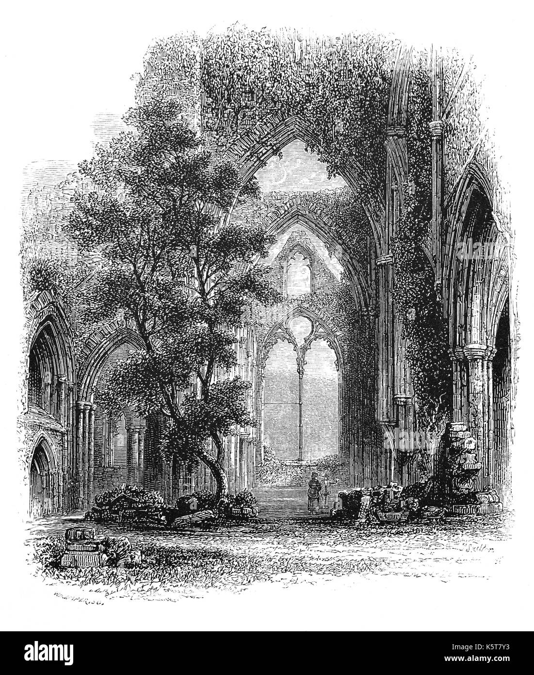 1870: la navata di Tintern Abbey, fondata da Walter de Clare, signore di Chepstow, il 9 maggio 1131. Si siede sul Welsh banca del fiume Wye, che forma il confine tra Monmouthshire nel Galles del Sud e Gloucestershire in Inghilterra. Fu solo la seconda fondazione cistercense in Gran Bretagna e la prima in Galles, ma cadde in rovina dopo la dissoluzione dei monasteri nel XVI secolo. Foto Stock