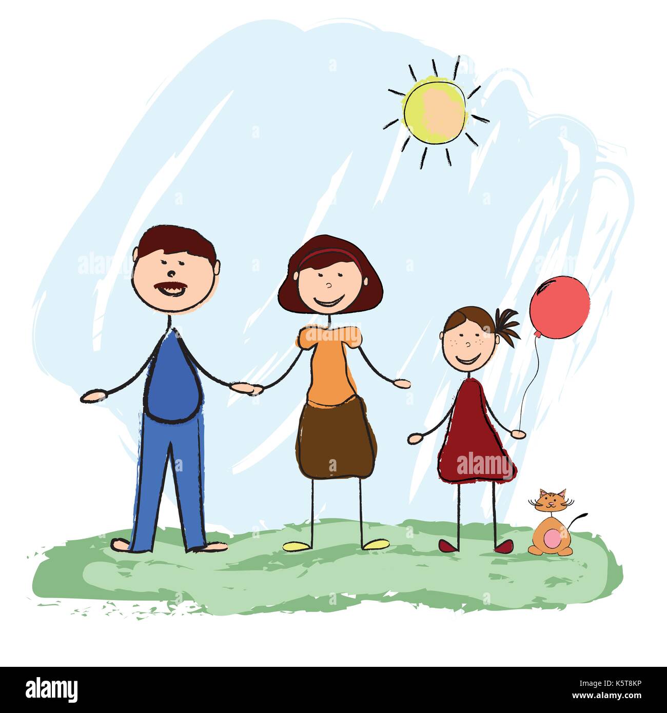 Felice famiglia amichevole con un gattino. Illustrazione Vettoriale
