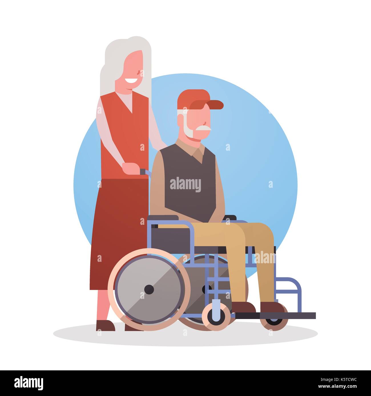 Senior uomo sulla sedia a rotelle e la donna giovane nonna e grandfathr grigia Icona dei capelli Illustrazione Vettoriale