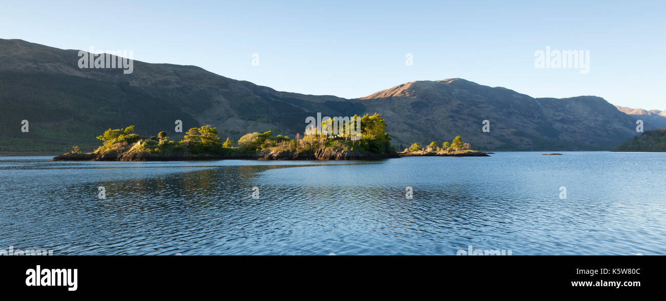 Eilean munde buriel ground, Loch Leven, Ballachulish, Glencoe, Scotland, Regno Unito Foto Stock