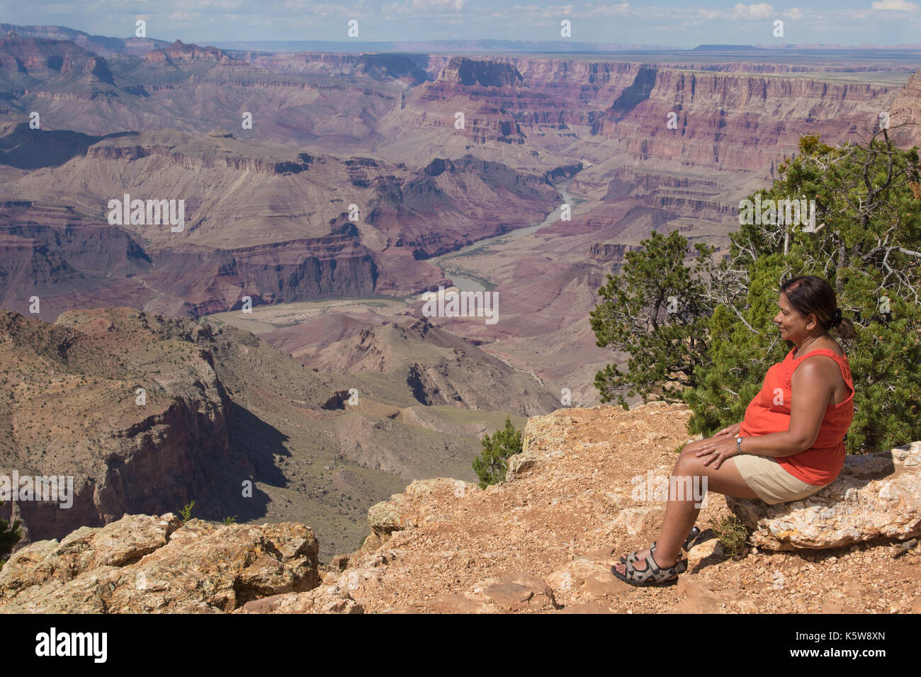 Donna asiatica godendo della vista sul bordo sud del Grand Canyon, Arizona Foto Stock