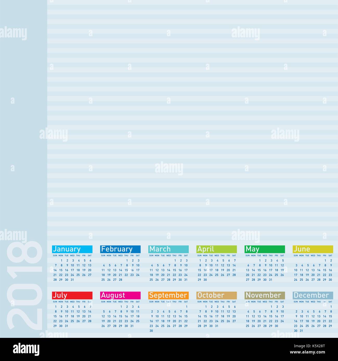 Calendario colorate per l'anno 2018, in formato vettoriale. Illustrazione Vettoriale