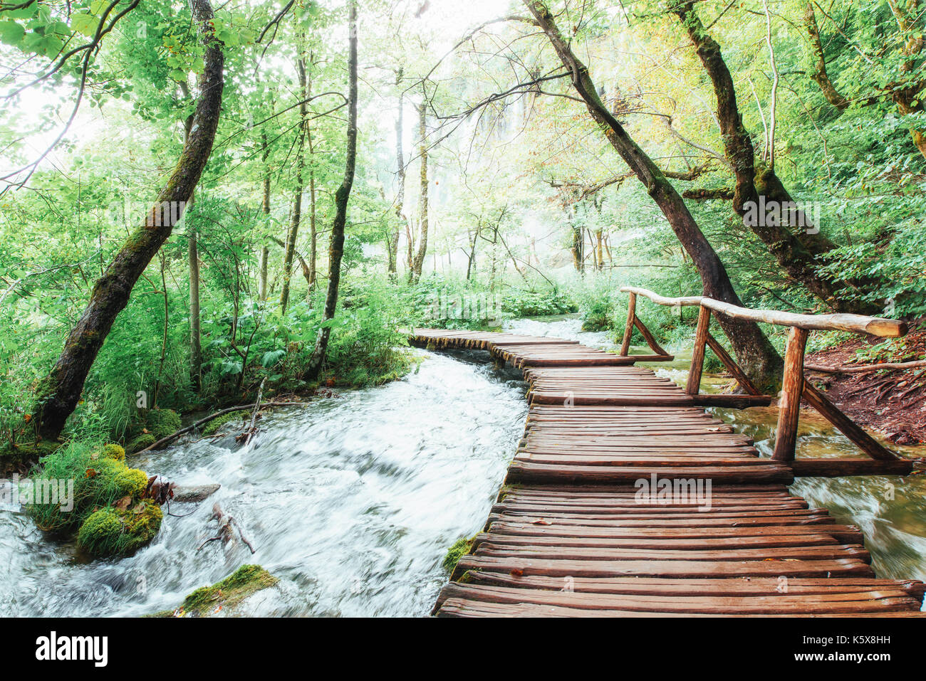 Il parco nazionale dei laghi di Plitvice, percorso turistico sul pavimento in legno lungo la cascata Foto Stock
