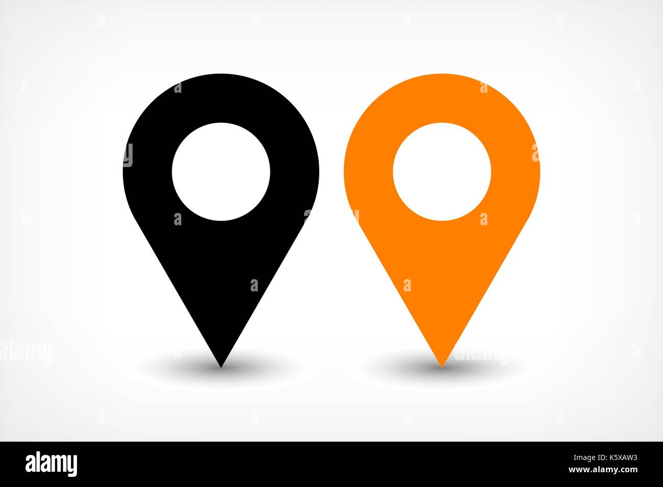 Mappa pin segno icona localizzazione con ellisse sfumatura grigia ombra nella piana di stile semplice. colore nero e arancione forme arrotondate isolati su sfondo bianco. Illustrazione Vettoriale