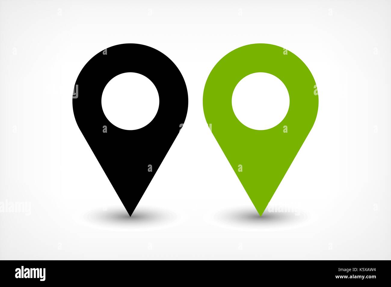 Mappa pin segno icona localizzazione con ellisse sfumatura grigia ombra nella piana di stile semplice. in bianco e nero e colore verde forme arrotondate isolati su sfondo bianco. Illustrazione Vettoriale
