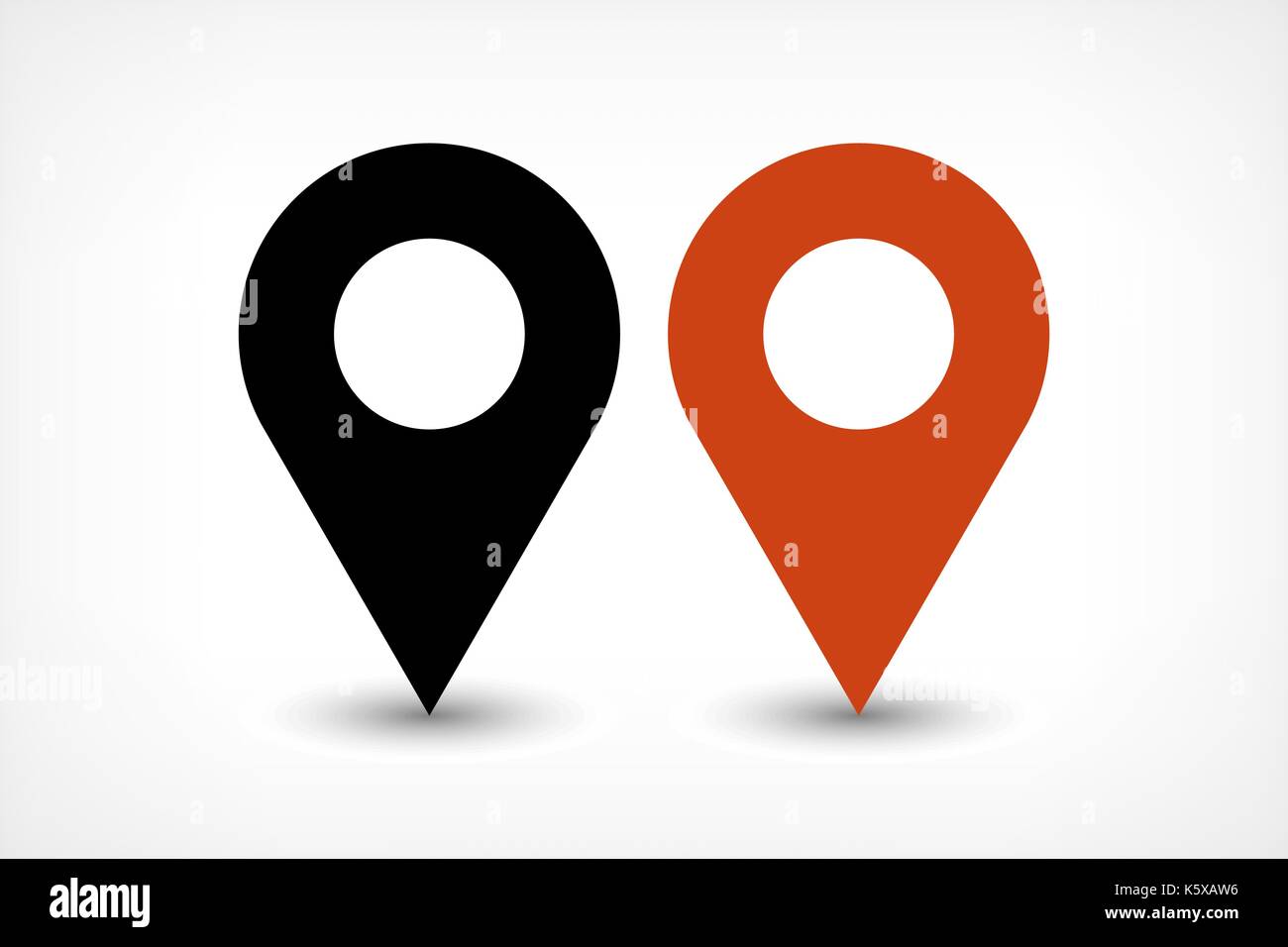 Mappa pin segno icona localizzazione con ellisse sfumatura grigia ombra nella piana di stile semplice. in bianco e nero e colore marrone forme arrotondate isolati su sfondo bianco. Illustrazione Vettoriale