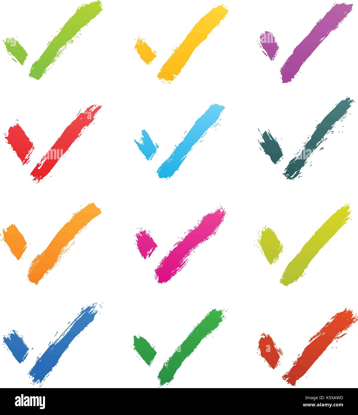 Spazzolata segno di spunta segno isolato su sfondo bianco. verde, giallo, viola, viola, rosso, magenta, blu, rosa, arancione, marrone Colori. Illustrazione Vettoriale