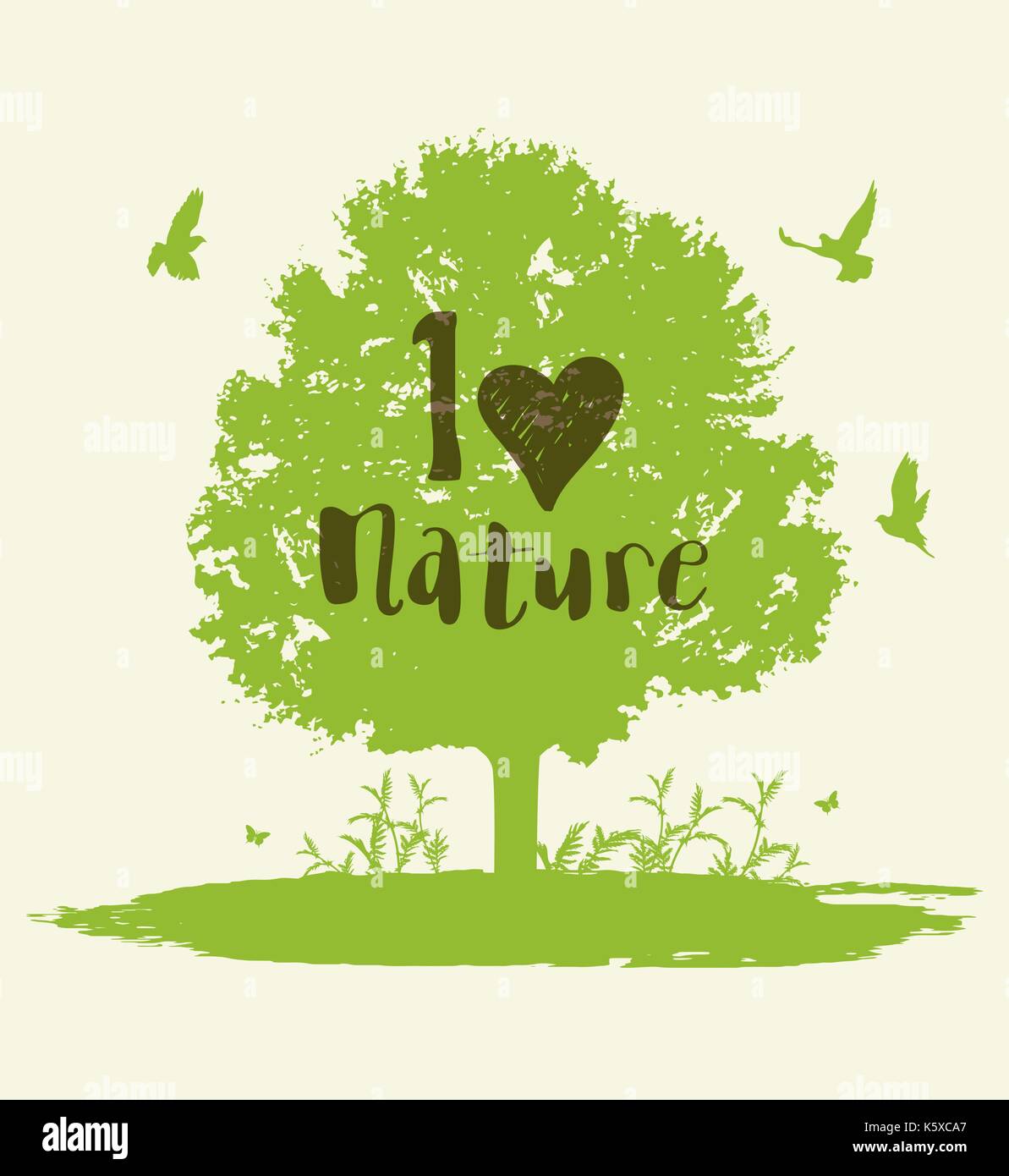 Sfondo verde con alberi e uccelli. concetto di ecologia. Amo la natura scritte. Illustrazione Vettoriale