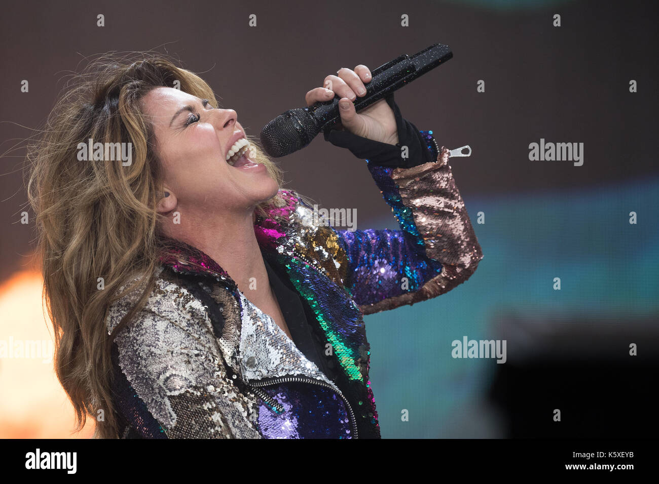 Londra, Inghilterra. 9 settembre 2017, Singer Shania Twain suona per la prima volta in 15 anni nel Regno Unito durante radio 2 Live a Hyde Park 2017 il 10 settembre 2017, Londra. Inghilterra.© Jason Richardson / Alamy Live News Foto Stock