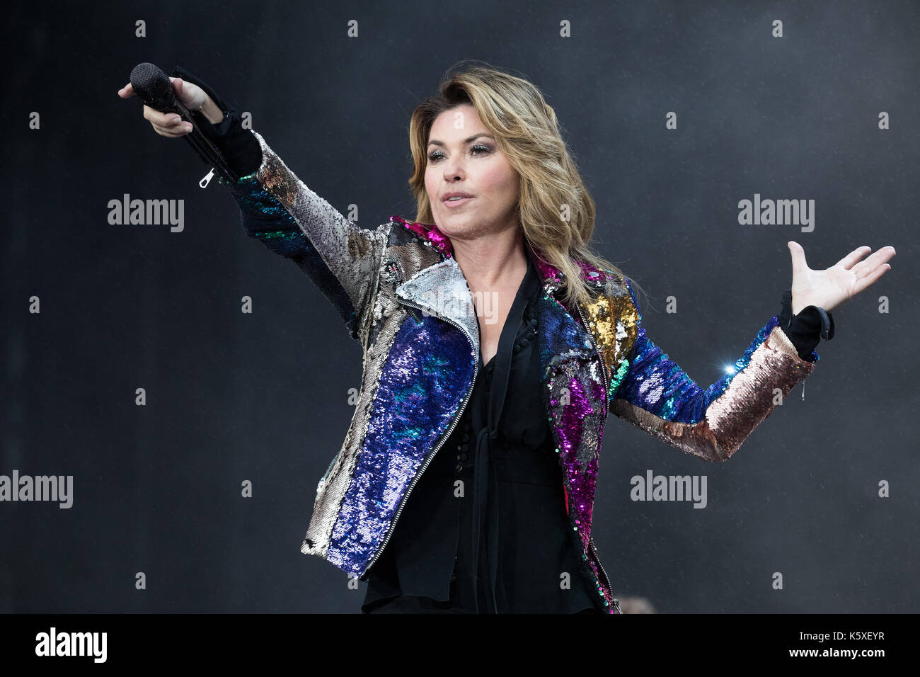 Londra, Inghilterra. 9 settembre 2017, Singer Shania Twain suona per la prima volta in 15 anni nel Regno Unito durante radio 2 Live a Hyde Park 2017 il 10 settembre 2017, Londra. Inghilterra.© Jason Richardson / Alamy Live News Foto Stock