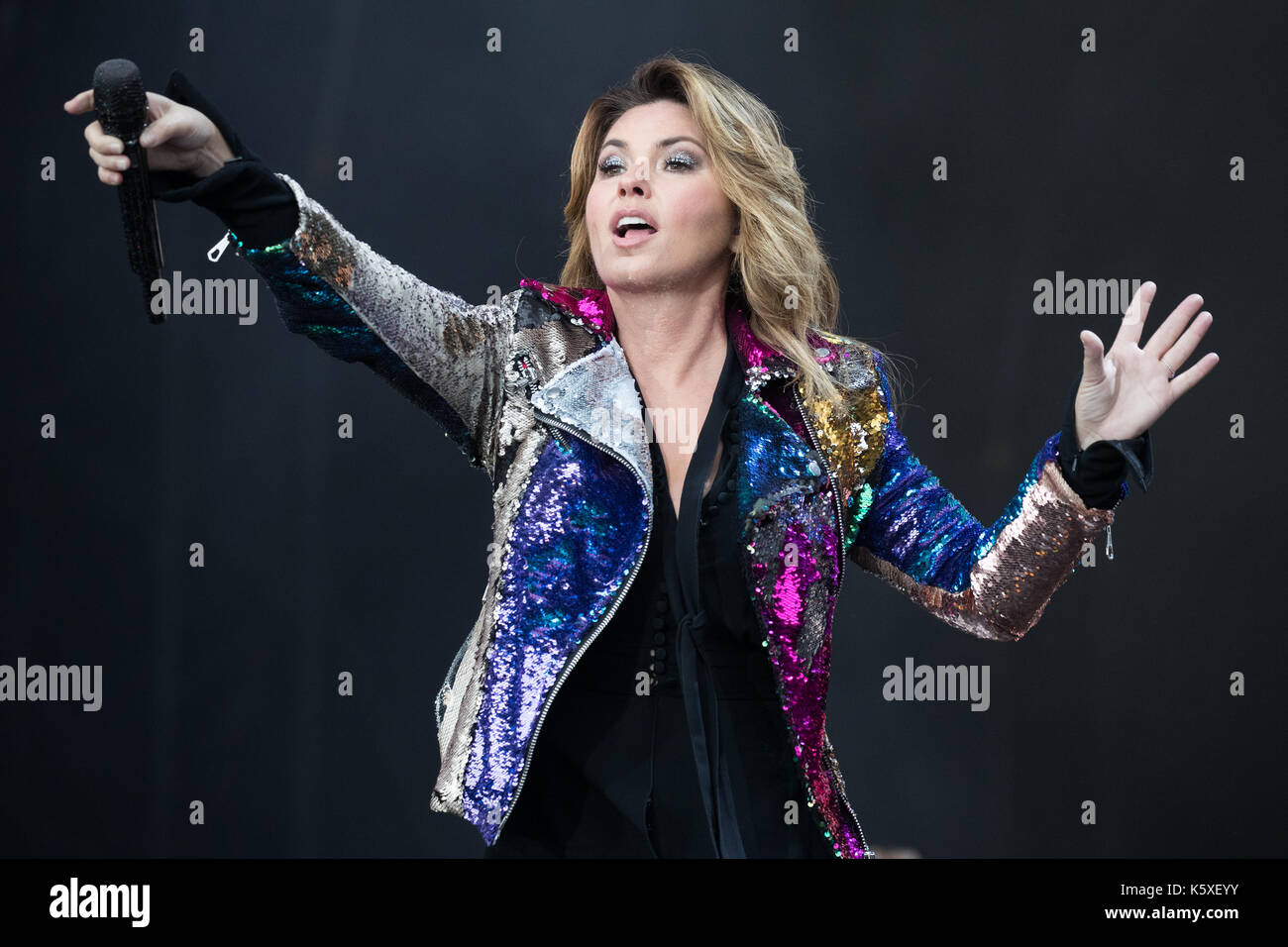 Londra, Inghilterra. 9 settembre 2017, Singer Shania Twain suona per la prima volta in 15 anni nel Regno Unito durante radio 2 Live a Hyde Park 2017 il 10 settembre 2017, Londra. Inghilterra.© Jason Richardson / Alamy Live News Foto Stock