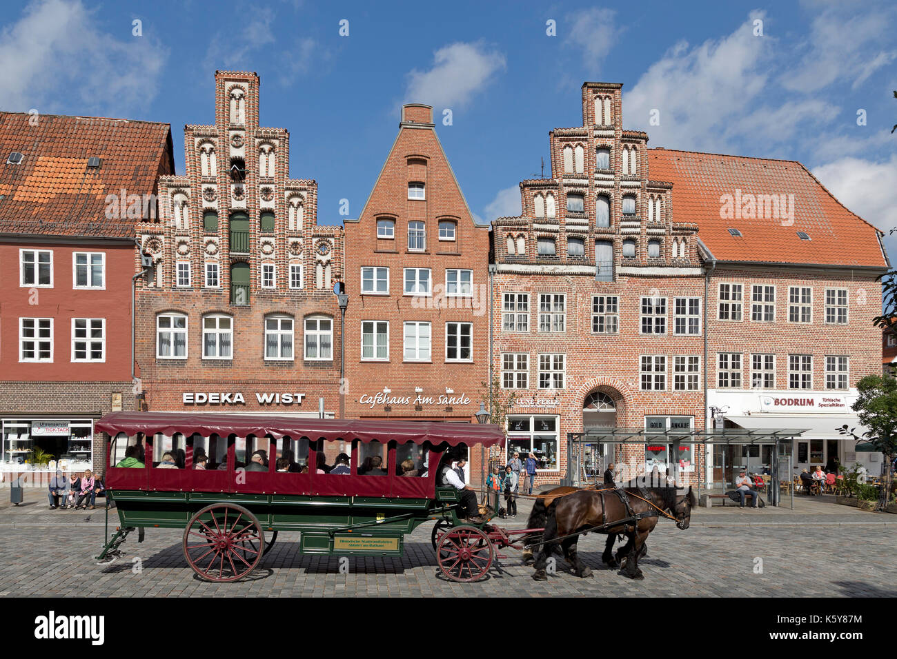 Carrozza a cavalli, Am Sande, Lueneburg, Bassa Sassonia, Germania Foto Stock