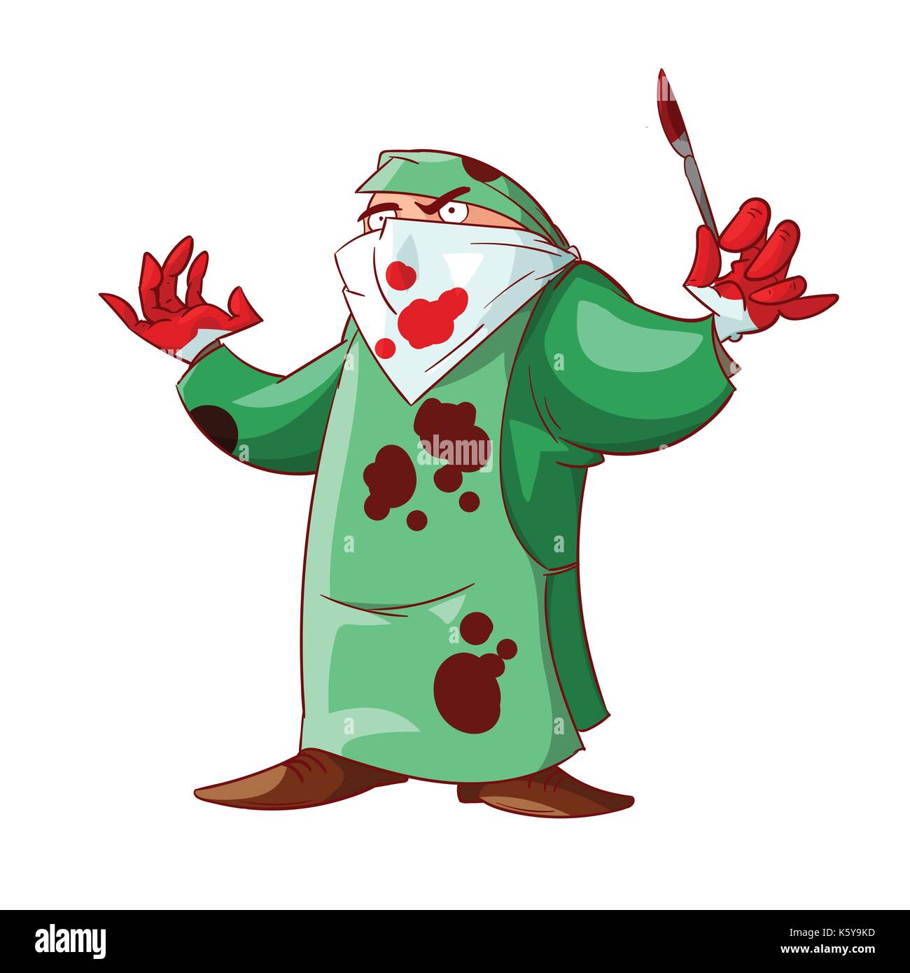 Colorata illustrazione vettoriale di un cartoon crazy medico con un bisturi e sanguinosa mani e vestiti. Illustrazione Vettoriale