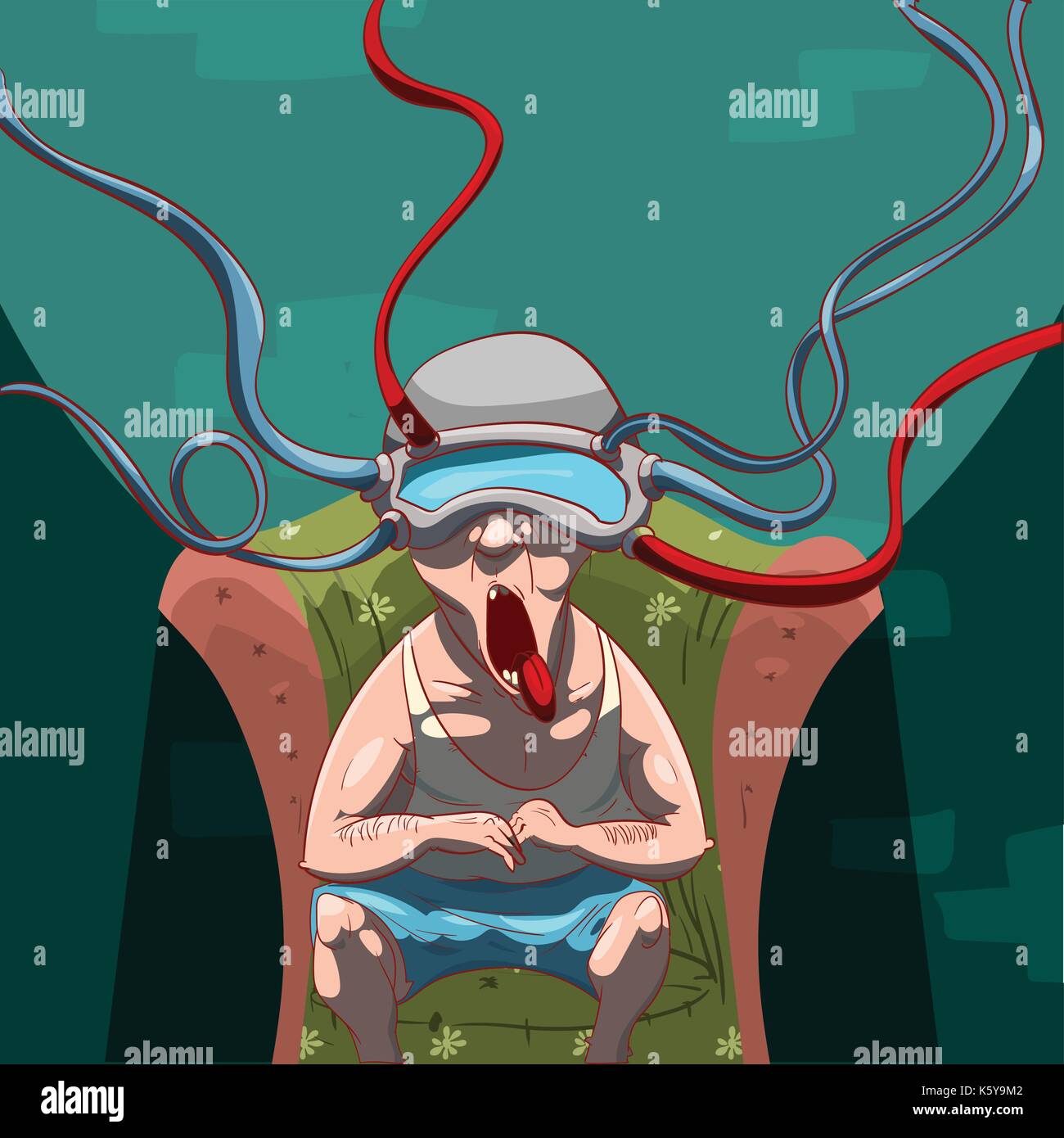 Colorata illustrazione vettoriale di un uomo, brainwashed dalla propaganda con una realtà virtuale dispositivo sulla sua testa, guardando i social media Illustrazione Vettoriale
