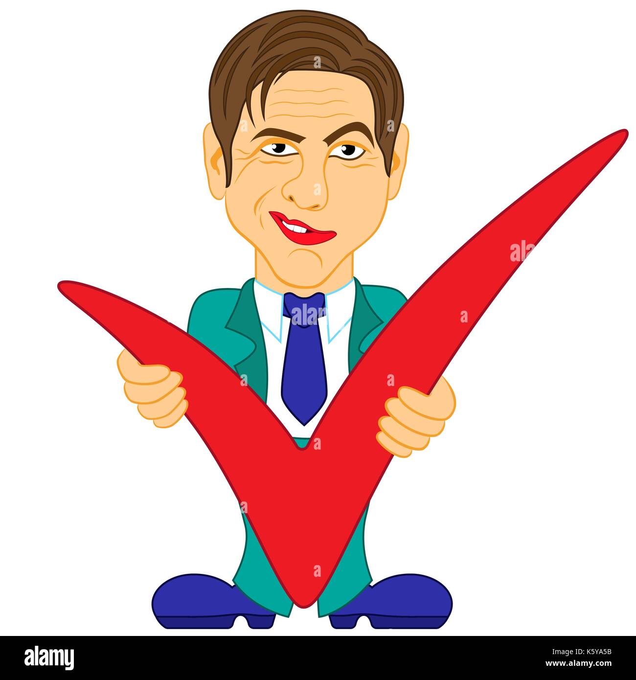 Manager con espressione facciale detiene un grande segno di spunta rosso, colore cartoon illustrazione vettoriale Illustrazione Vettoriale