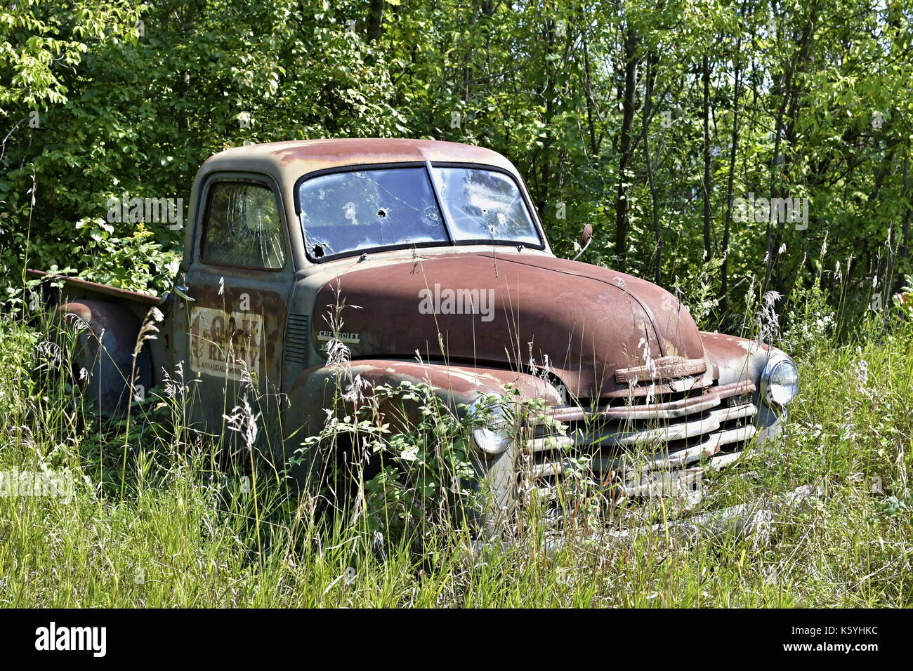 Un vecchio pick-up Chevrolet abbandonato seduto in un campo Foto Stock