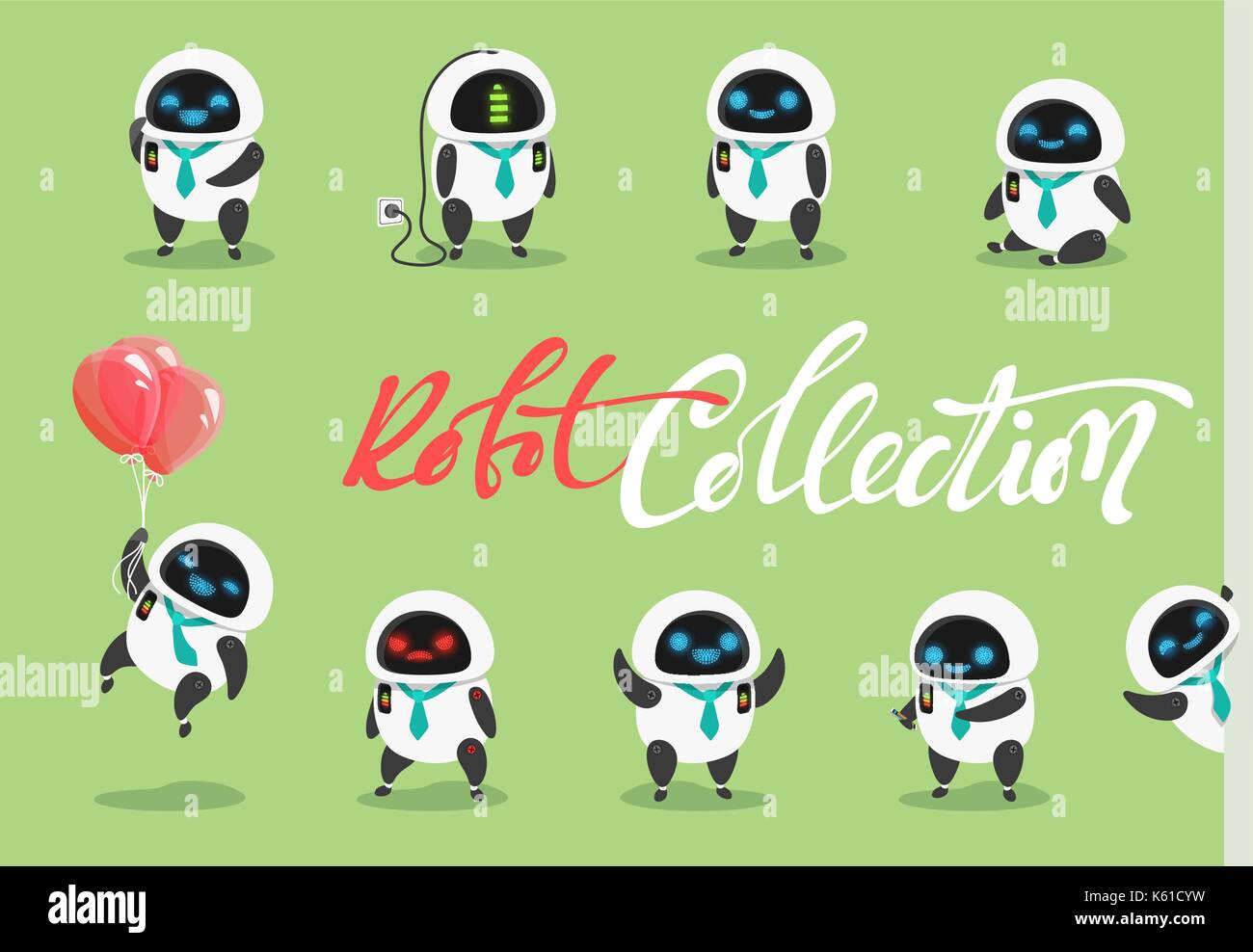 Impostare il carattere. robot personaggi di cartoni animati in stile appartamento con diversi compiti, gesti. Illustrazione Vettoriale