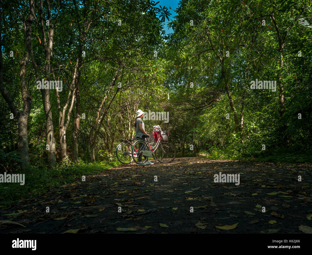 Donna asiatica traveler vacanza relax in bicicletta nel parco naturale Foto Stock