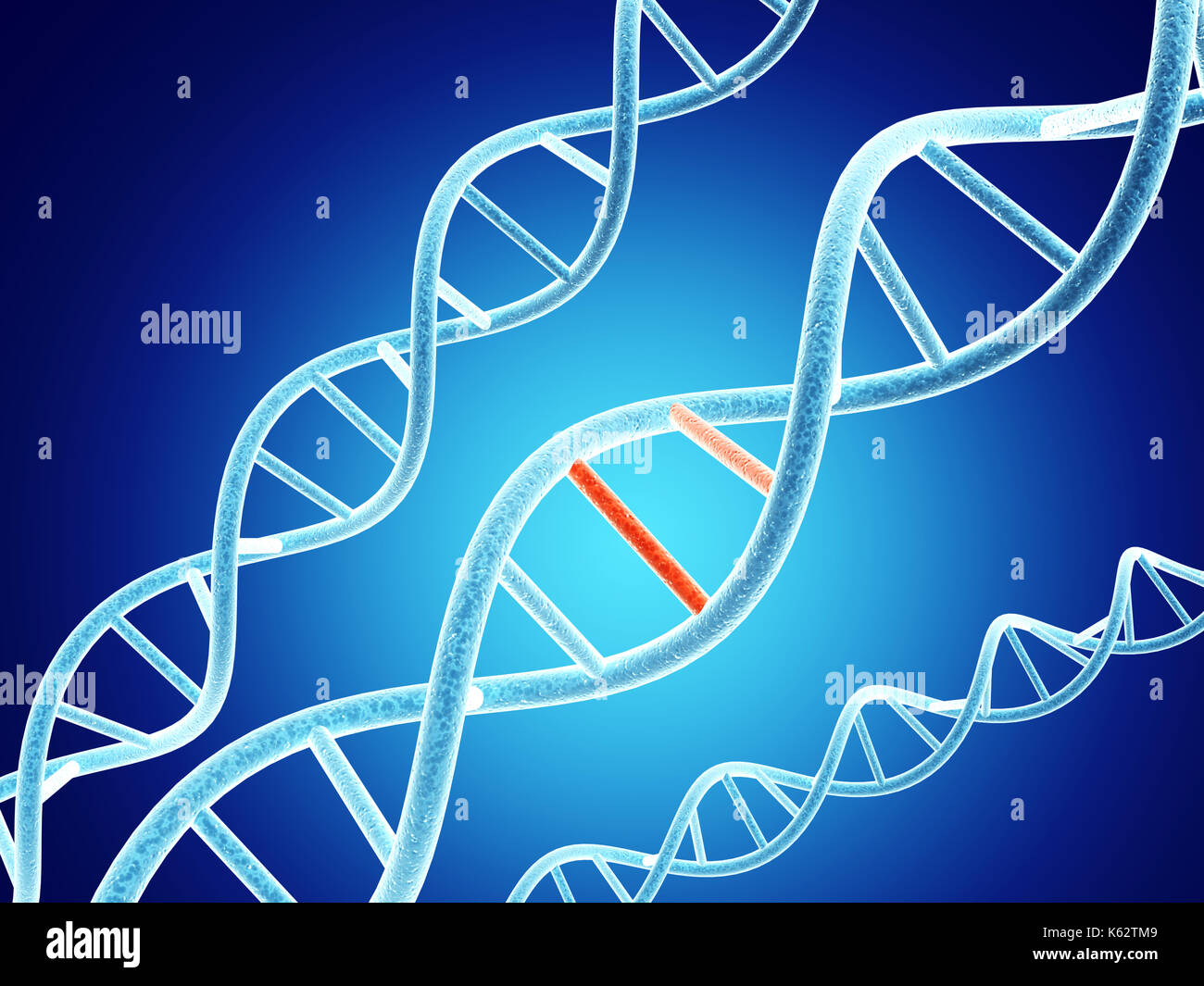 Modelli digitali della struttura del DNA con problema elemento astratto su sfondo blu. 3D render Foto Stock
