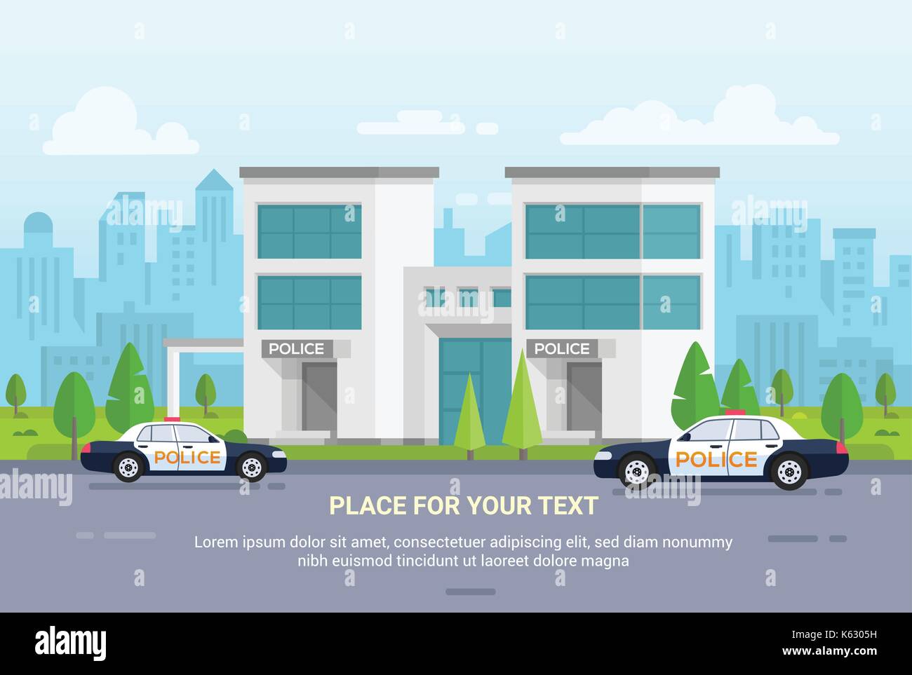 Stazione di polizia comunale sul background urbano - moderno illustrazione vettoriale con posto per testo. due vetture, un bel parco con alberi secolari. cityscape con scyscrapers, Illustrazione Vettoriale