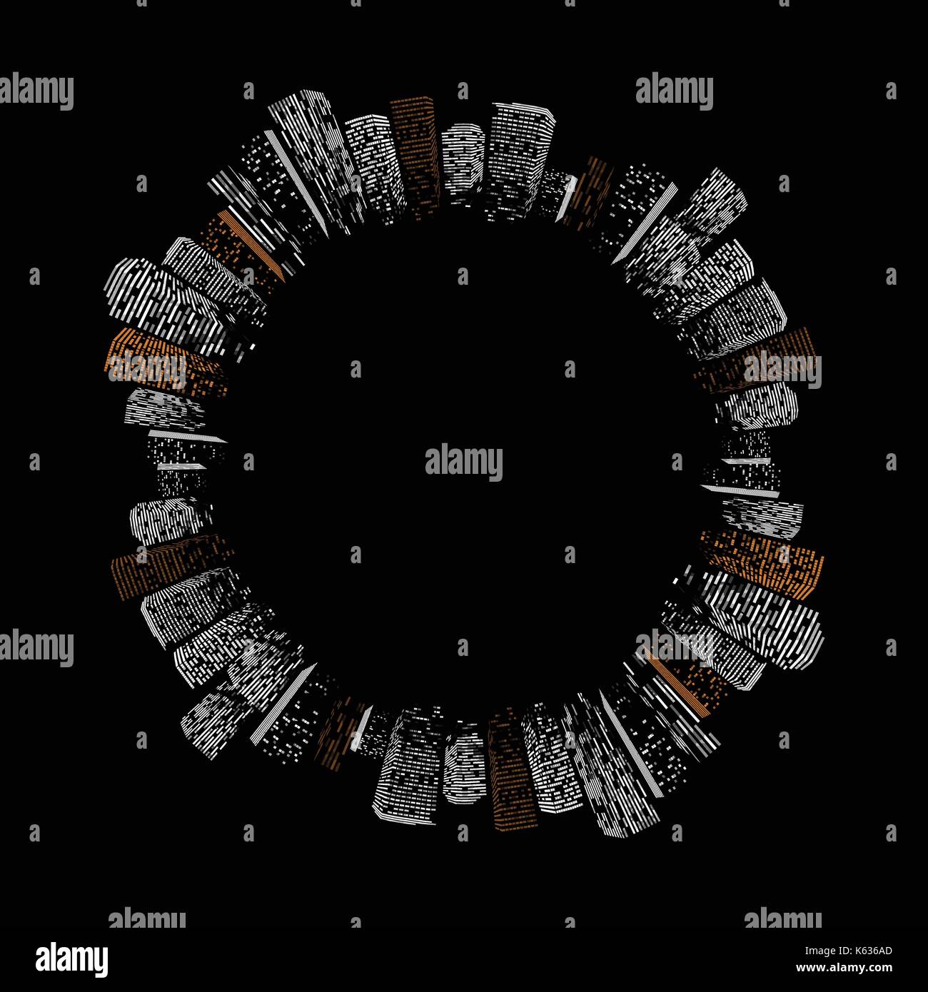 Nero isolato geometrico astratto Big city illustrazione vettoriale. notte città moderna costruzione di silhouette, grattacielo telaio. Illustrazione Vettoriale