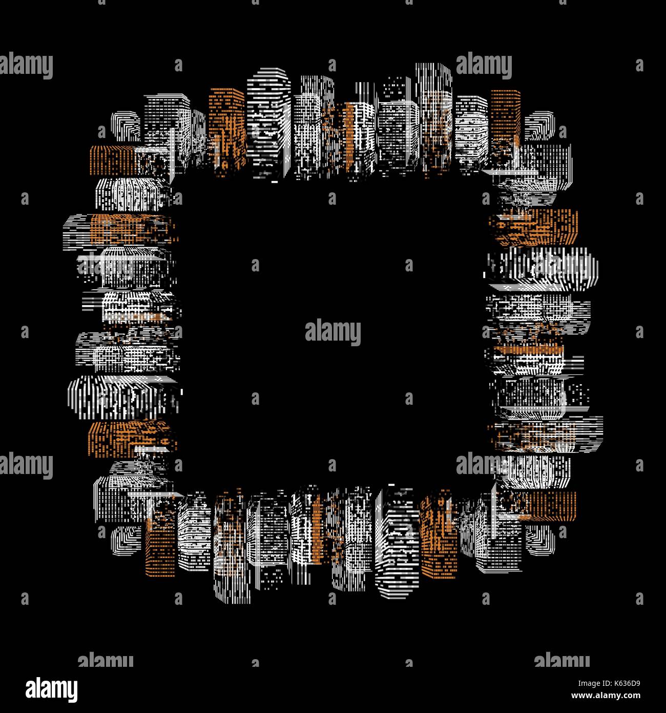 Nero isolato geometrico astratto Big city illustrazione vettoriale. notte città moderna costruzione di silhouette, grattacielo telaio. Illustrazione Vettoriale