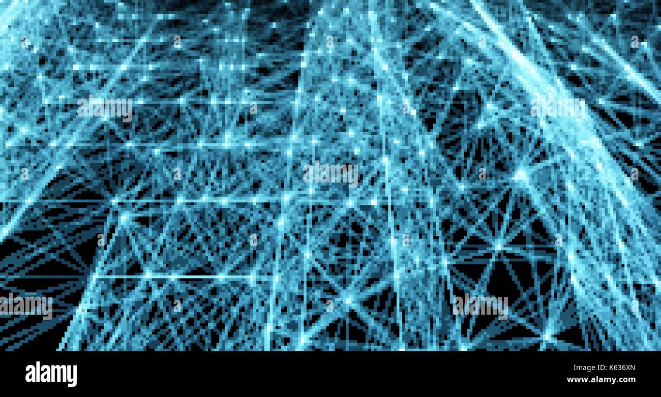 Abstract blu linee avveniristiche e punti griglia. intrecciarsi web, una rete di funi, un insolito geometrica vettore nero lo sfondo. Illustrazione Vettoriale