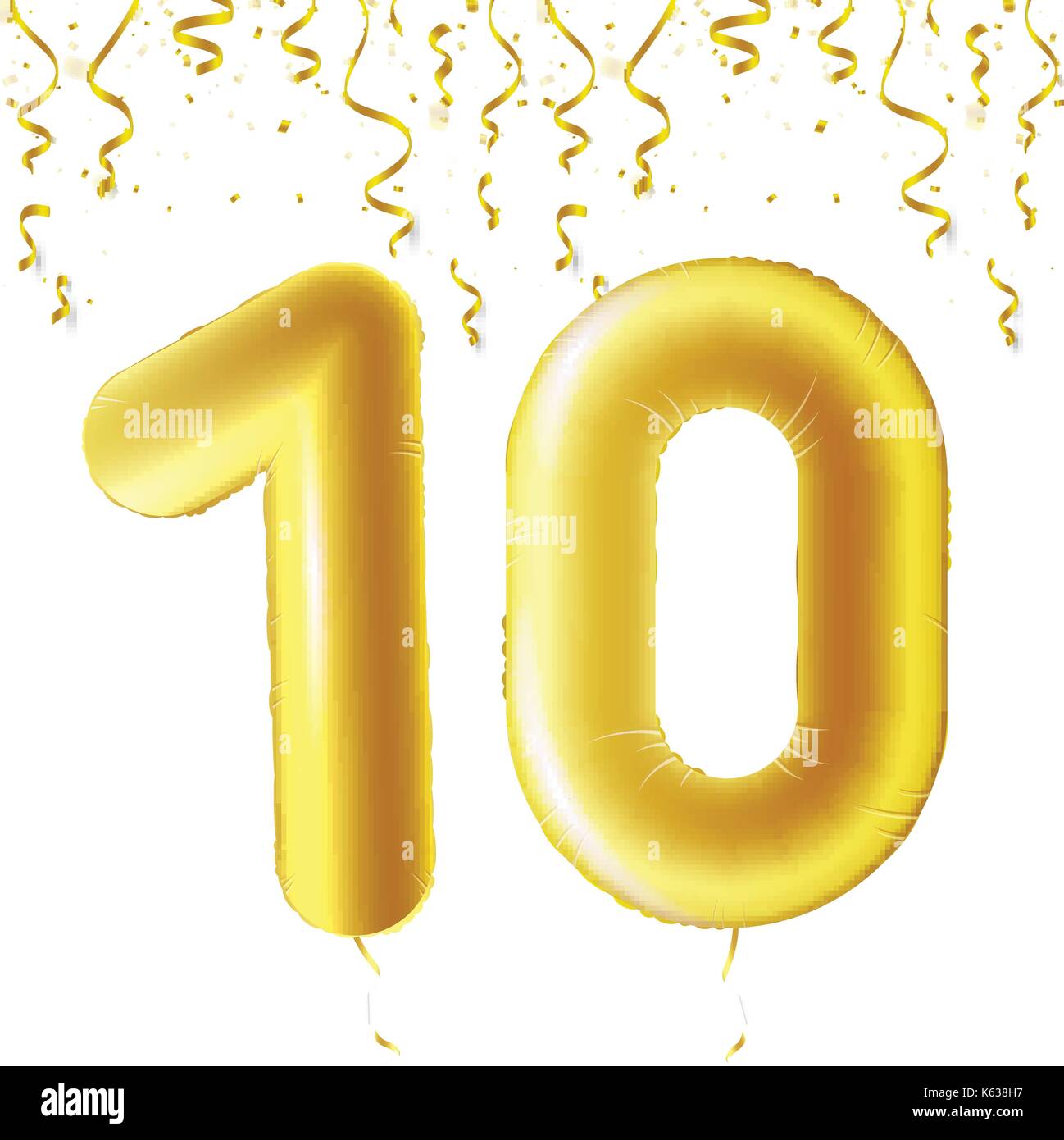 Gonfiabile di palline dorate con la caduta di coriandoli e nastri pendenti. dieci anni, simbolo 10. illustrazione vettoriale, un logo o un poster per il decimo compleanno celebrando. Illustrazione Vettoriale