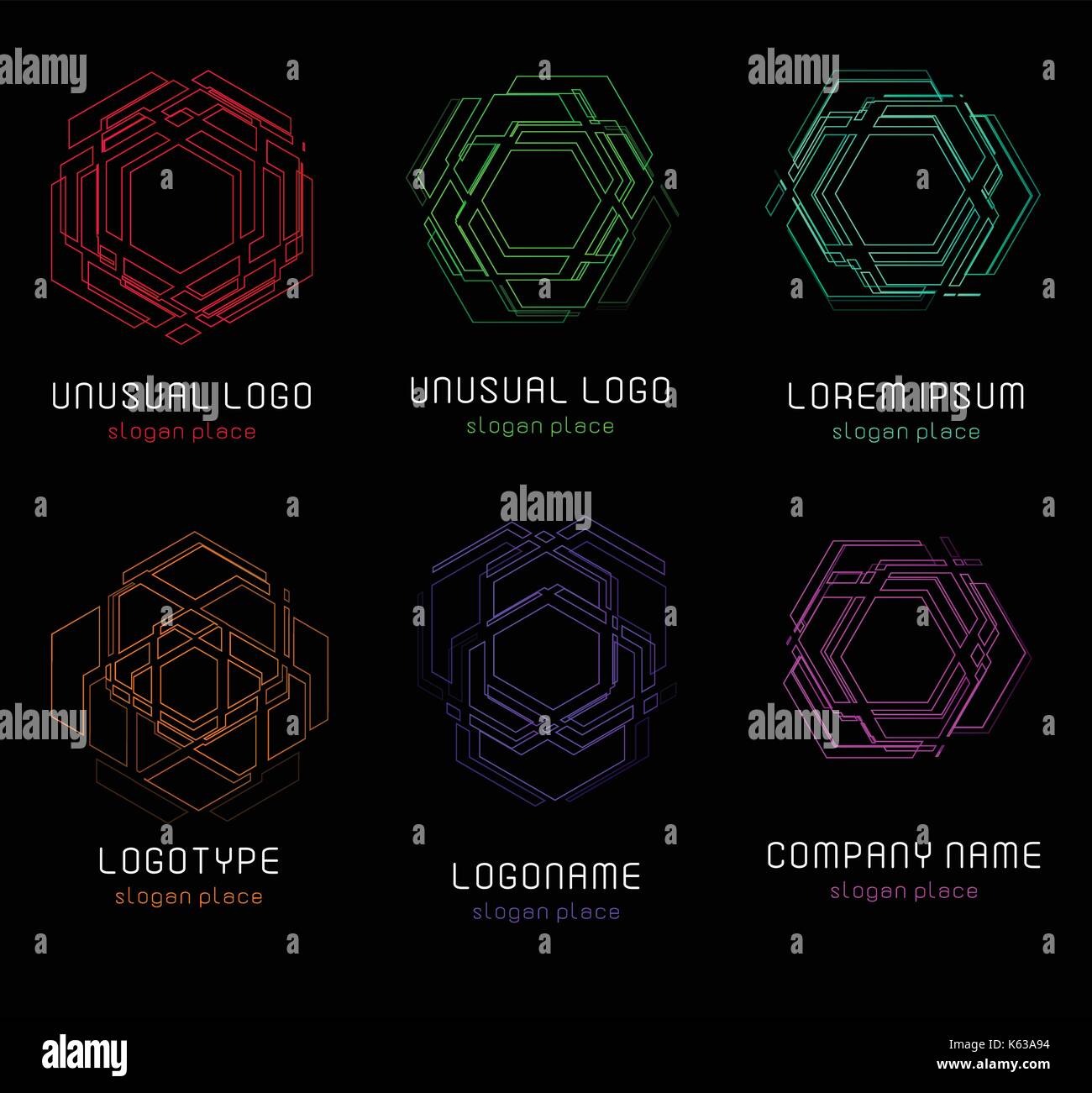 Delineare il contorno della tecnologia astratto vettore set di loghi, insolito isolato logotipi monolinea raccolta, cosmic tech design elemento di modello di logo su dark sfondo nero, cosmos spazio. Illustrazione Vettoriale