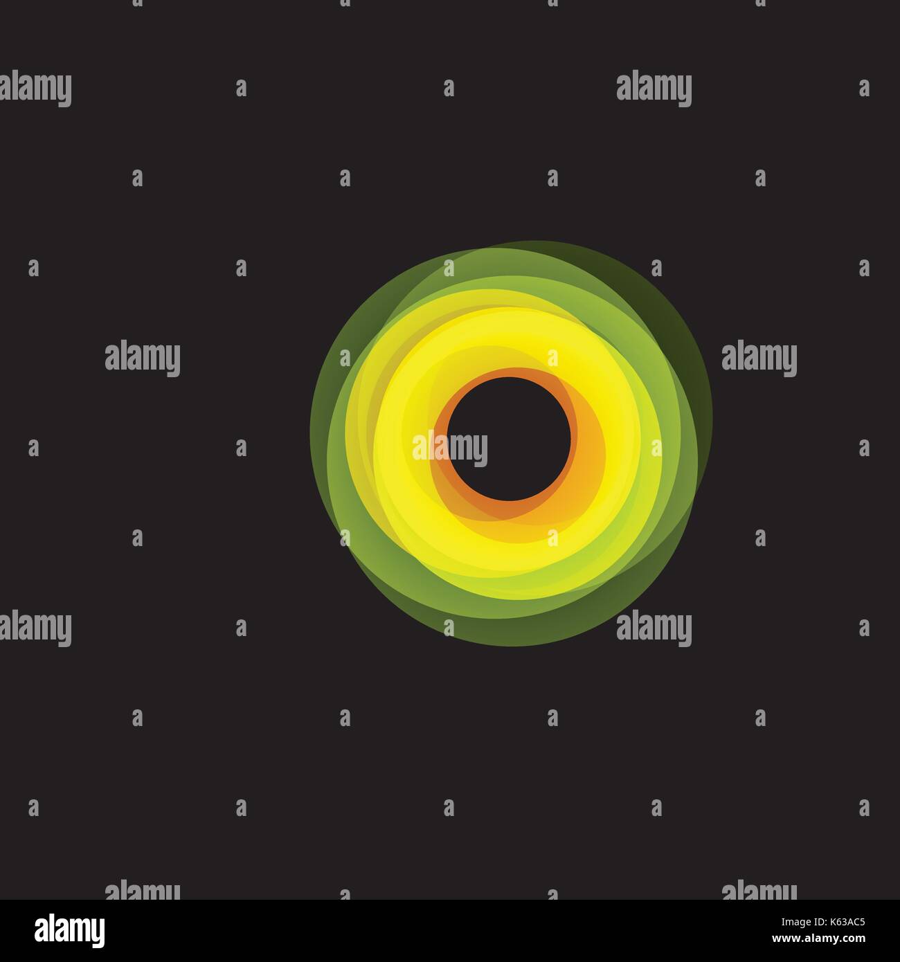 Imbuto isolato logo astratto, lineare forma inusuale, linea circolare logotipo. cerchi luminosi, anelli, ruota illustrazione grafica su sfondo nero. Illustrazione Vettoriale