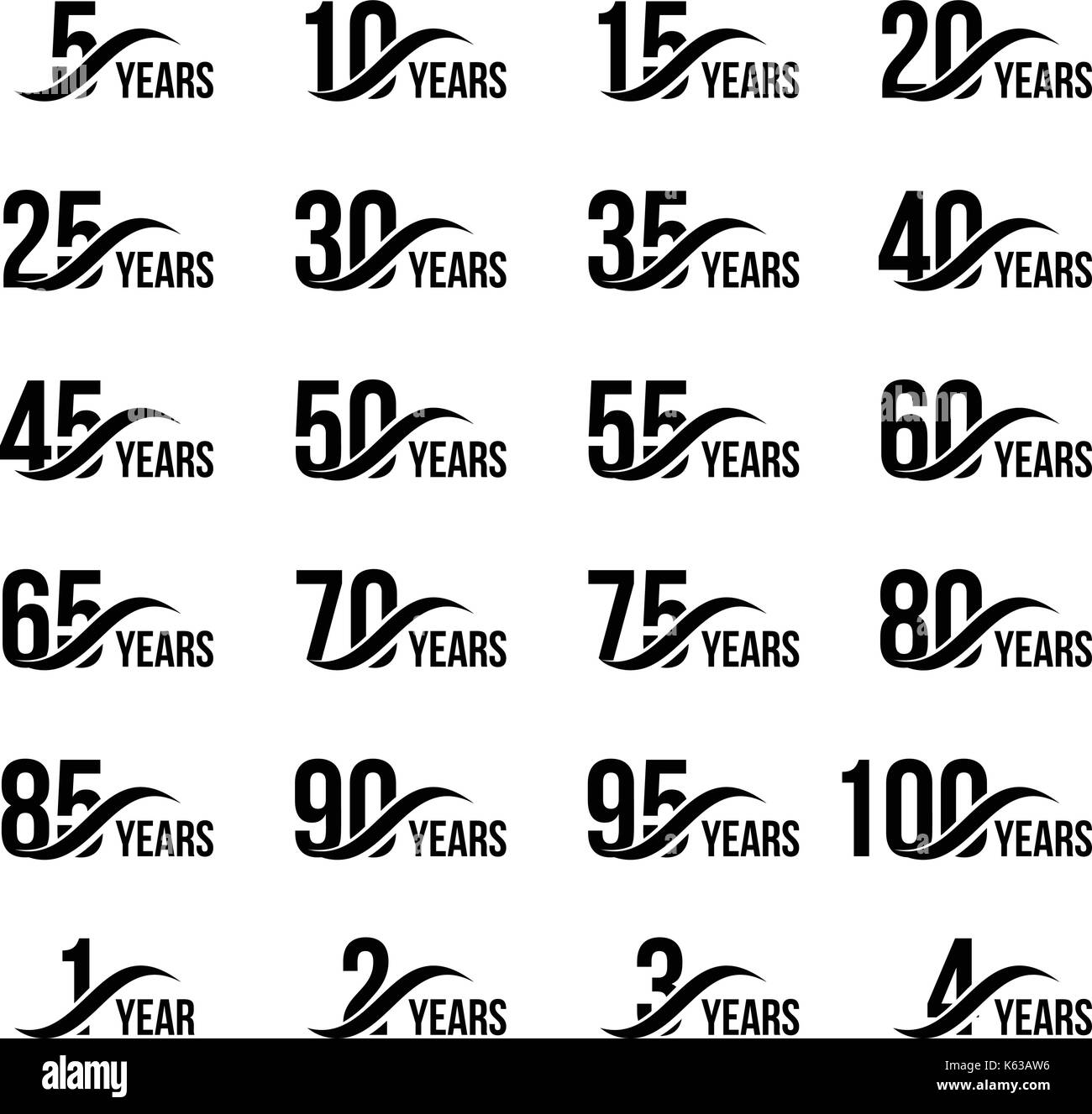 Isolato di colore nero con numeri di parola anni raccolta di icone su sfondo bianco, compleanno anniversario biglietto di auguri elementi di illustrazione vettoriale Illustrazione Vettoriale
