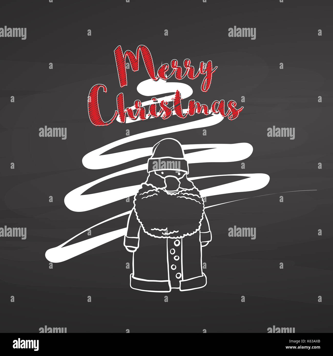 Merry Christmas Santa Claus sulla lavagna, vettore handdrawn sketch, pulire delinea, in stile vintage Blackboard. Foto Stock