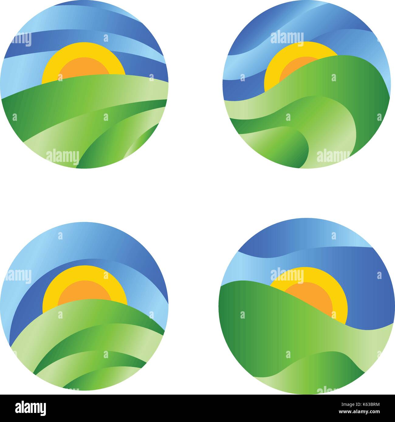 Natura round icona del paesaggio, giallo sunrise nel campo verde sul cielo blu. vettore abstract del logo a forma di cerchio. Illustrazione Vettoriale