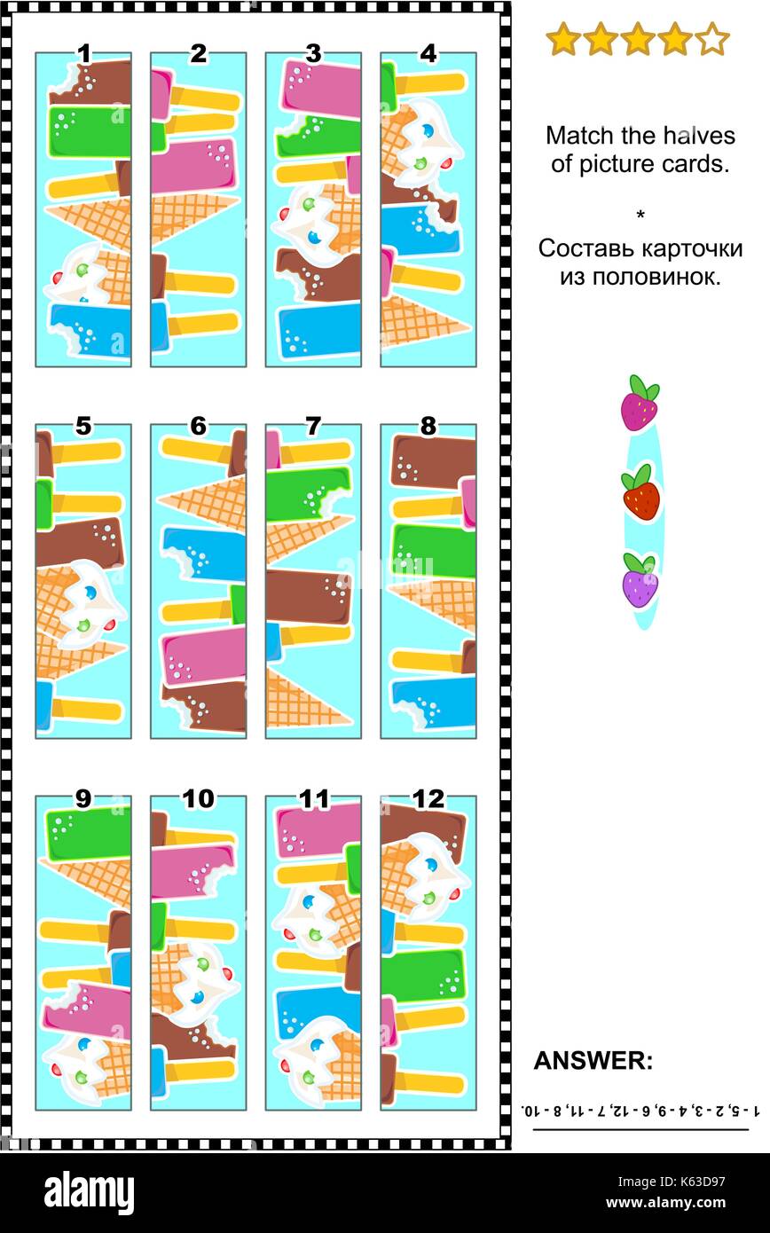 Visual puzzle: corrisponde alla metà delle carte con gelato bar e coni. risposta inclusa. Illustrazione Vettoriale