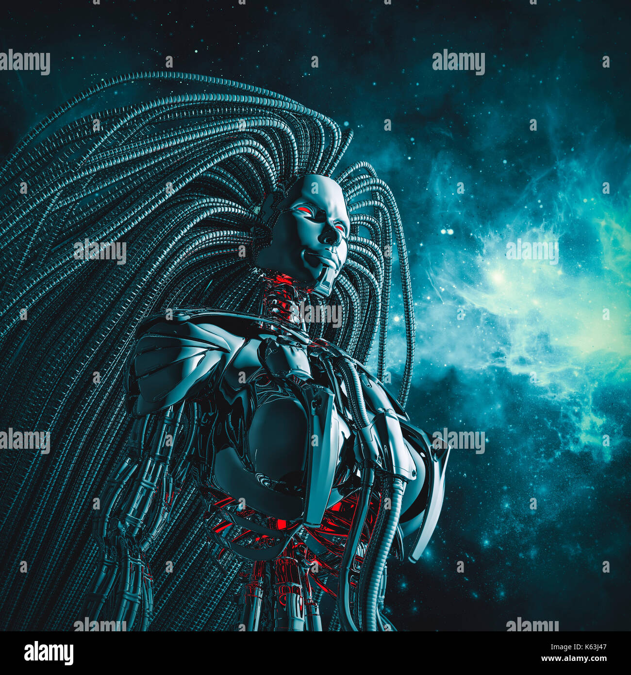 Femmina spazio cyborg / 3d illustrazione di metallico androide femminile con flusso di capelli tentacled guardando nello spazio Foto Stock
