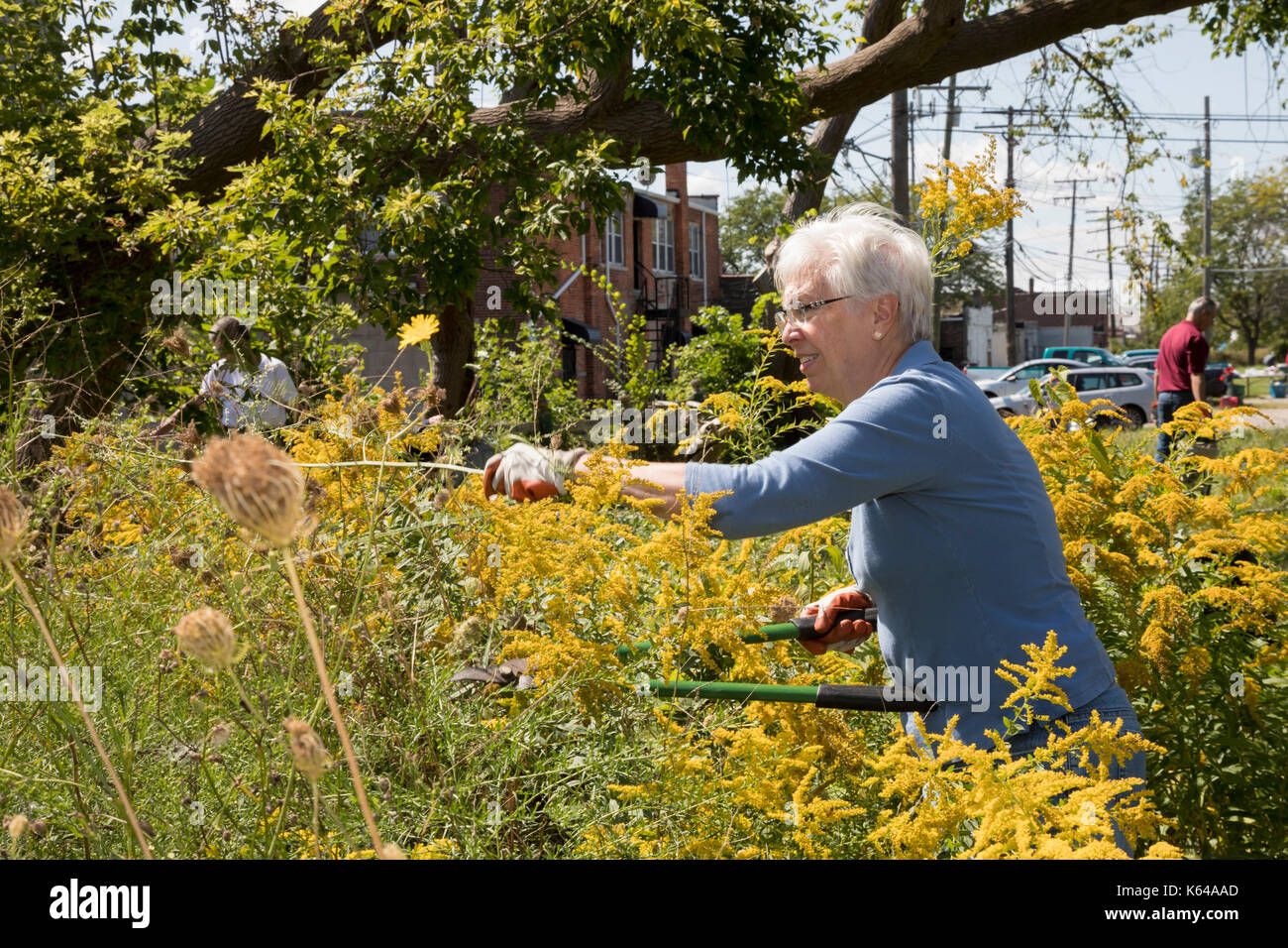 Detroit, Michigan - susan newell, 68, aiuta come persone residenti nella Comunità e da membri dei Cavalieri di Colombo pulire il cestino e spazzola dai lotti vacanti in th Foto Stock