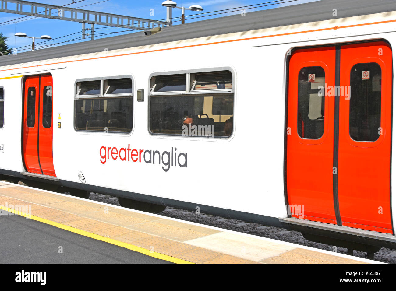 Cambiato il nome di carrelli rinominato torna alla maggiore Anglia da Abellio East Anglia limited company dopo le modifiche a East Anglia franchising in agosto 2016 Foto Stock