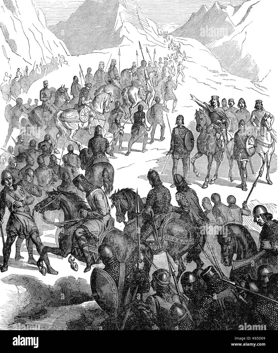 Pipino il giovane, o di Pipino il Breve, c. 714-768, re dei Franchi, attraversamento delle Alpi con il suo esercito in 754 Foto Stock