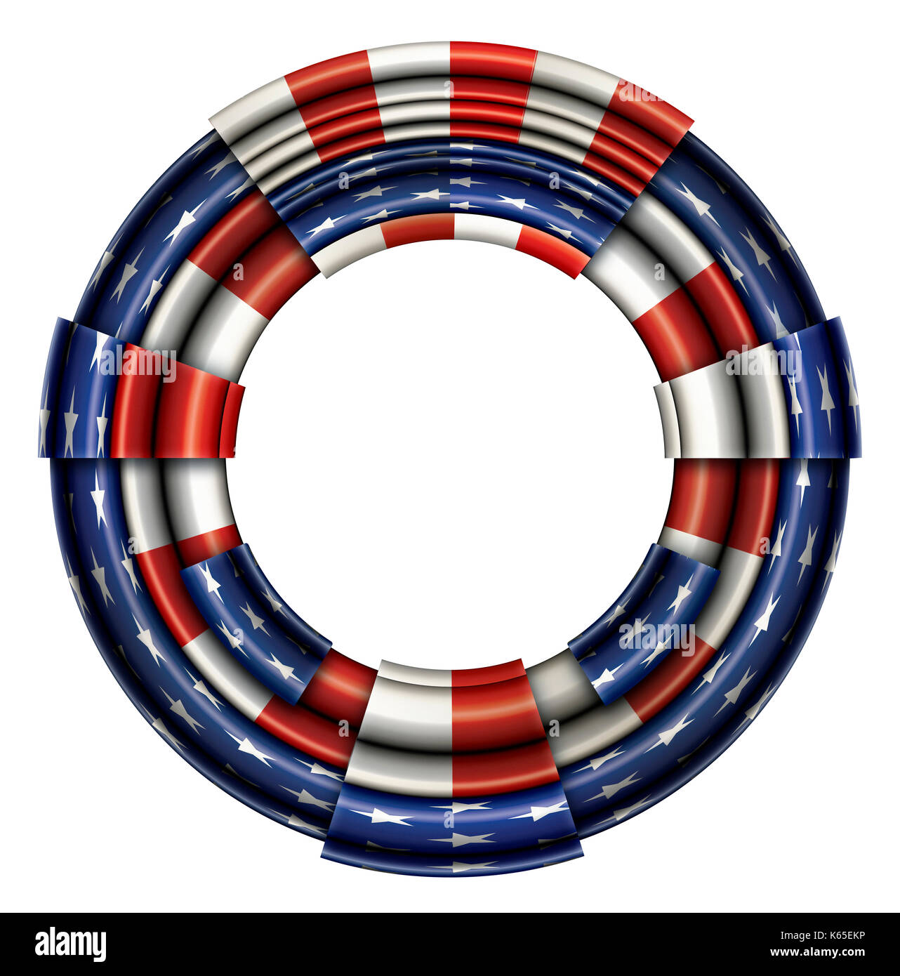Illustrazione di un segmentato telaio circolare impressi con il design degli Stati Uniti bandiera. include un percorso di clipping. Foto Stock