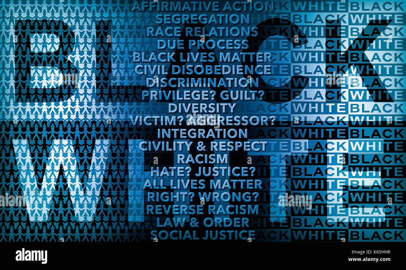 Poster come illustrazione circa in bianco e nero race relations utilizzando le parole e le icone come elementi di design per mostrare alcuni dei problemi che possono sorgere quando raci Foto Stock